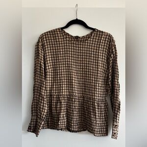 Madewell Windowpane Peplum Blouse - Tan/Black, Small